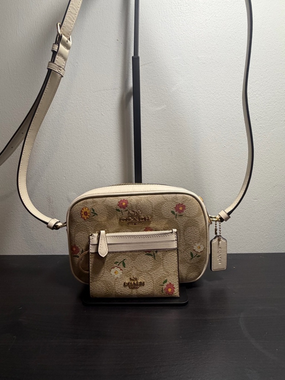 Coach Beige Floral Pebbled Leather Crossbody with Gold Hardware